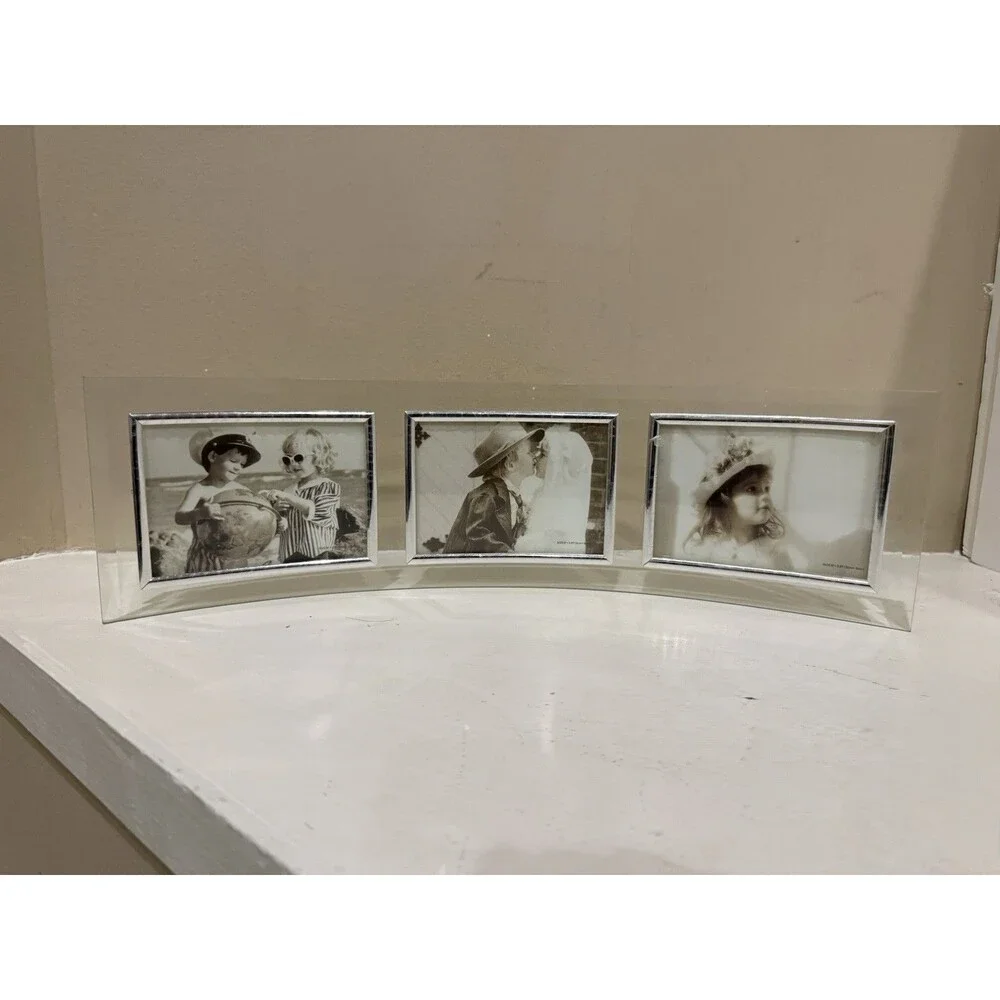 Curved Glass Triple Picture Frame 3 Photo Beveled Silver Desk Mantel Holder Bent